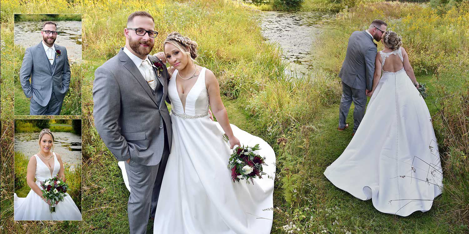 A bride and groom are posing for a picture in a field at The Lake House wedding photography by Connecticut Wedding Photographers Rogers Photography.