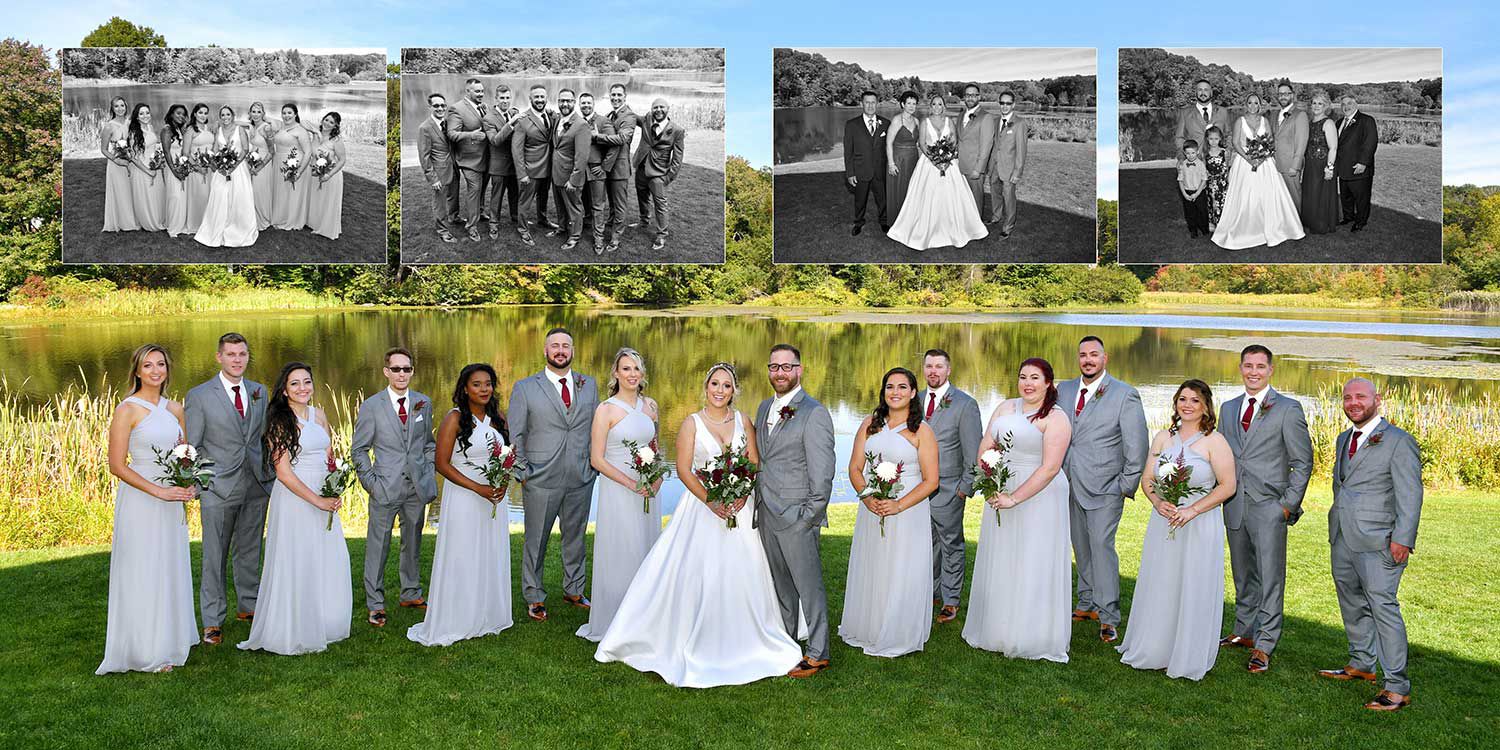 A bride and groom pose with their wedding party in front of a lake at The Lake House wedding photography by Connecticut Wedding Photographers Rogers Photography.