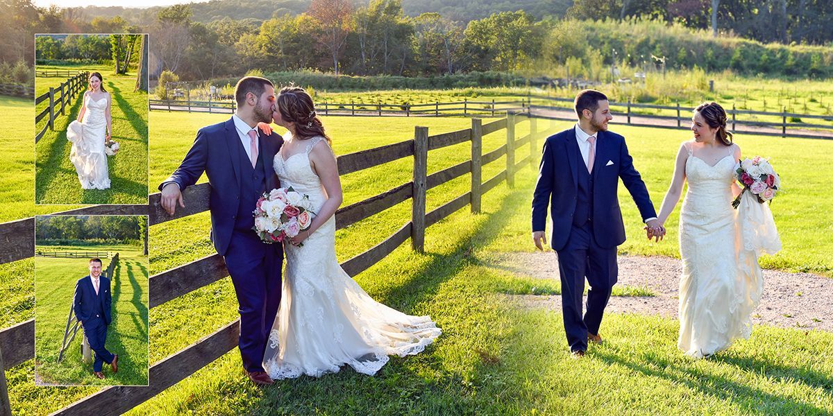 A bride and groom walking in a field at Nuzzo's Farm wedding photography by Connecticut Wedding Photographers Rogers Photography.