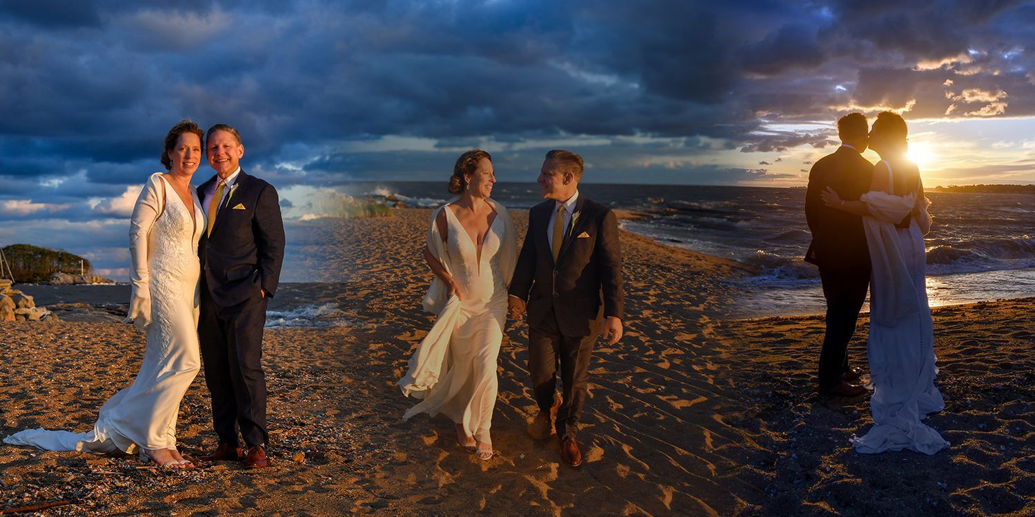 A bride and groom pose for a picture on the beach at Madison Beach Hotel wedding photography by Connecticut Photographers Rogers Photography