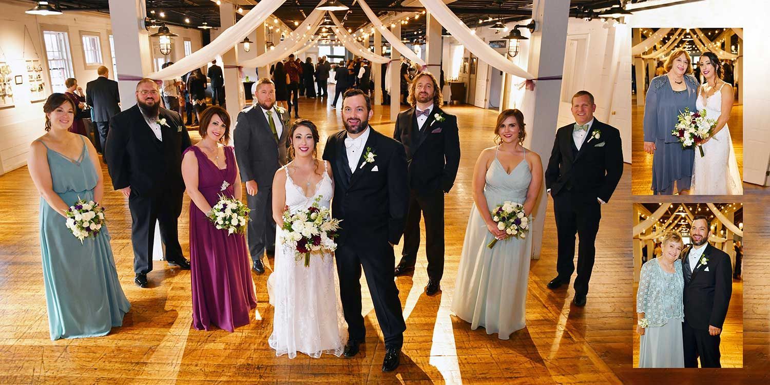 A bride and groom are posing for a picture with their wedding party at Essex Steam Train wedding photography by Connecticut Wedding Photographers Rogers Photography.