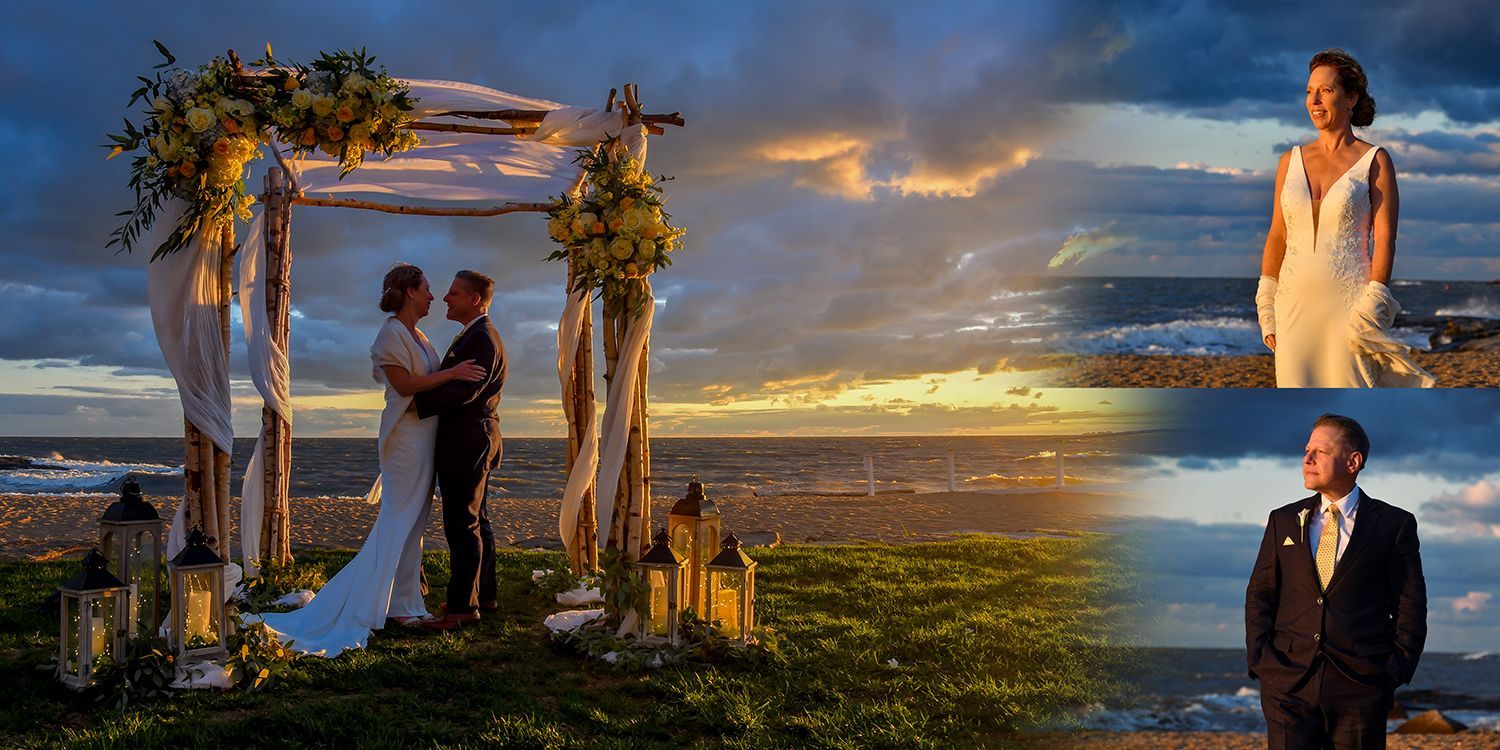 A bride and groom are posing for a picture on the beach at sunset at Madison Beach Hotel wedding photography by Connecticut Photographers Rogers Photography