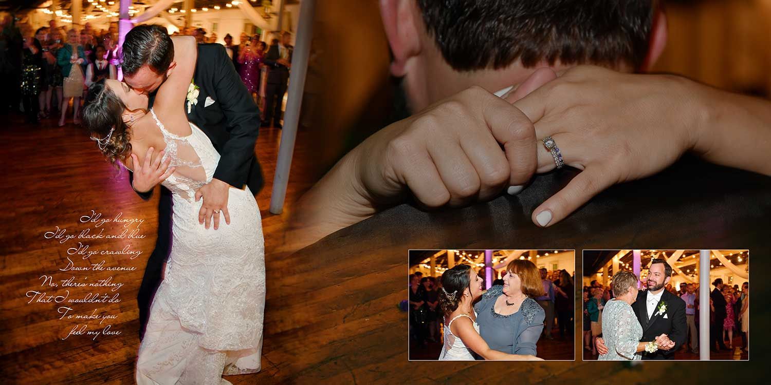 A bride and groom are kissing at their wedding reception at Essex Steam Train wedding photography by Connecticut Wedding Photographers Rogers Photography.