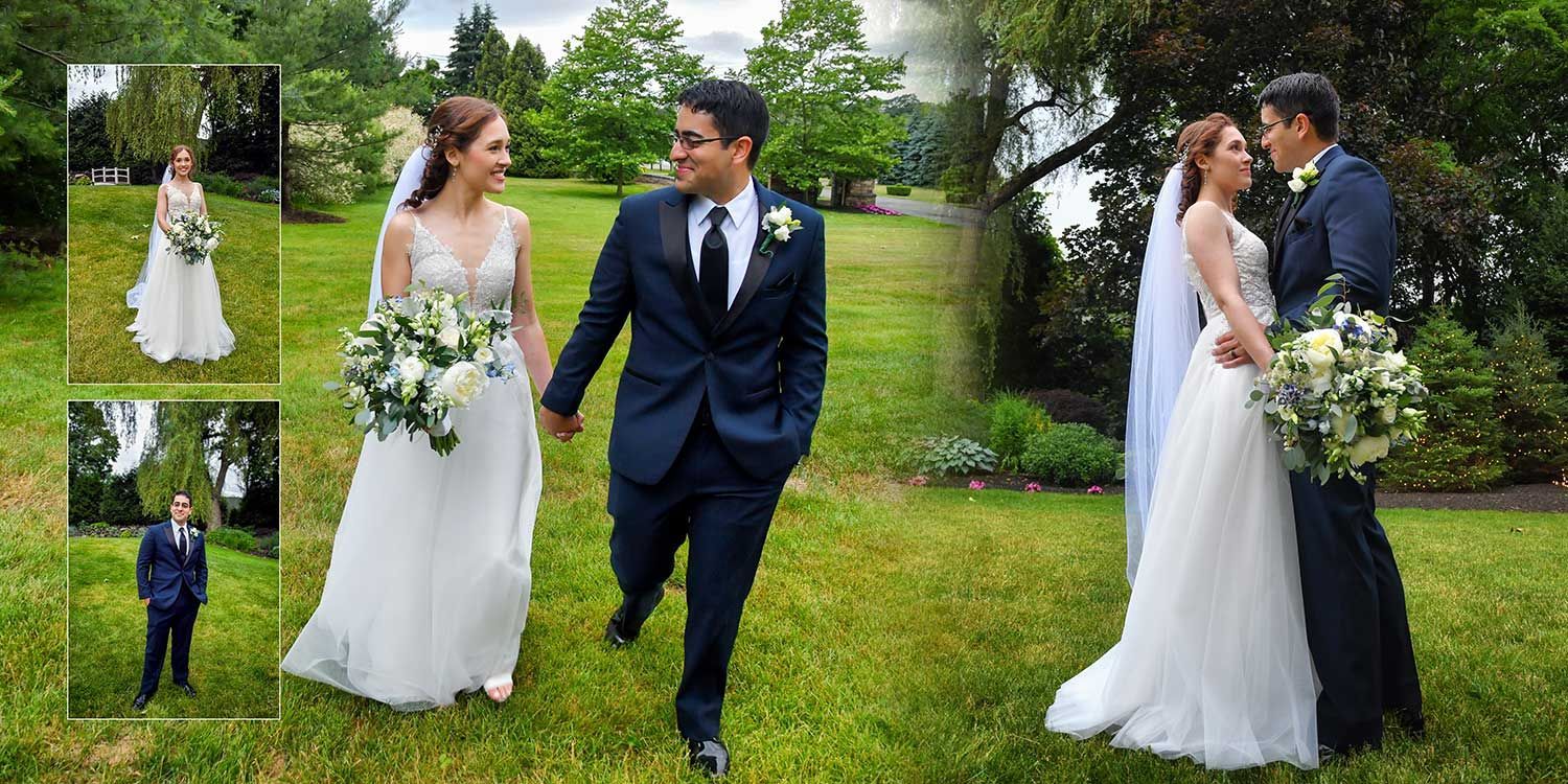 Formal photographs of a bride and groom walking through a grassy field holding hands at Woodwinds wedding photography by Connecticut Wedding Photographers Rogers Photography.