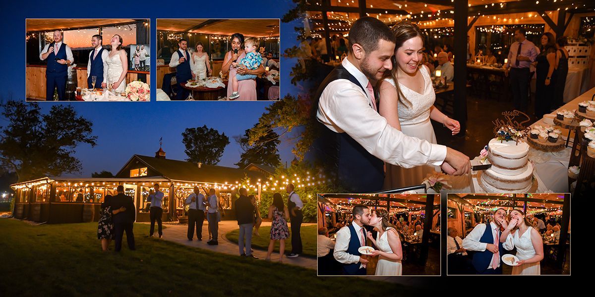 A bride and groom are cutting their wedding cake at Nuzzo's Farm wedding photography by Connecticut Wedding Photographers Rogers Photography.