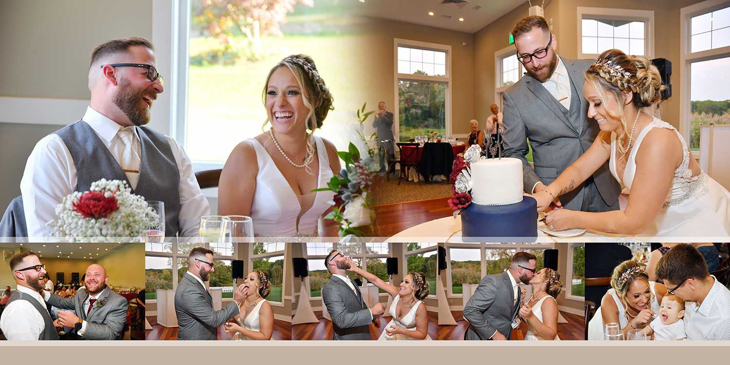 A collage of photos of a bride and groom cutting their wedding cake at The Lake House wedding photography by Connecticut Wedding Photographers Rogers Photography.