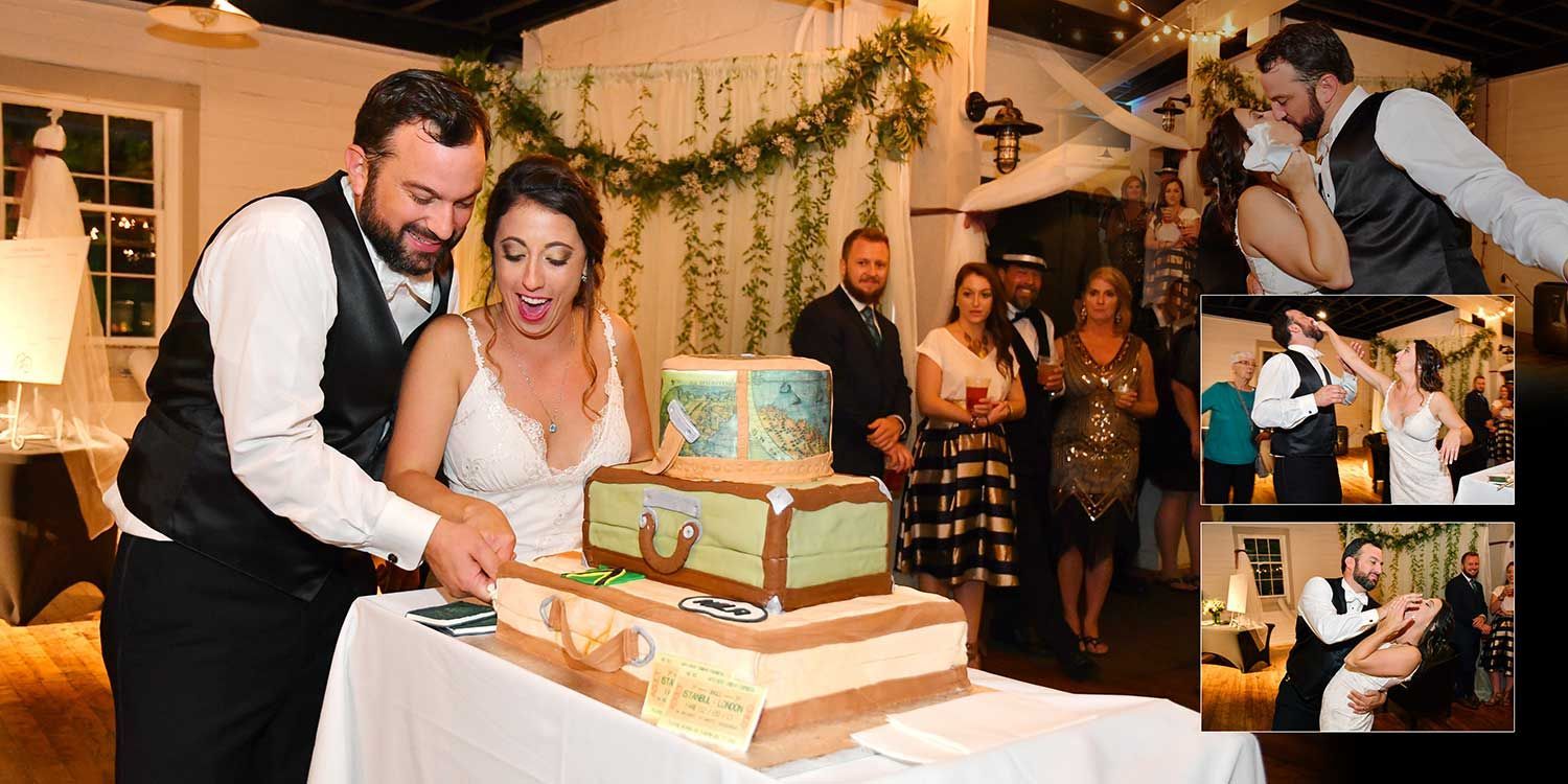 A bride and groom are cutting their wedding cake at Essex Steam Train wedding photography by Connecticut Wedding Photographers Rogers Photography.