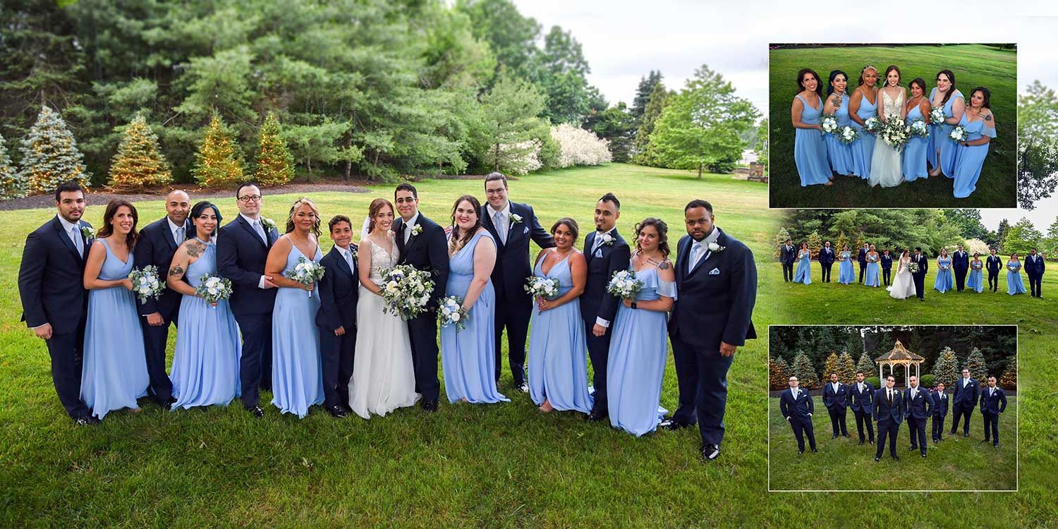 The bride and groom are posing for a picture with their wedding party at Woodwinds wedding photography by Connecticut Wedding Photographers Rogers Photography.