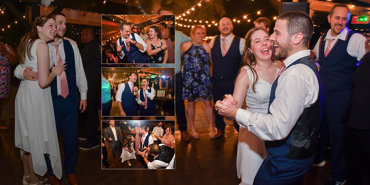 A bride and groom are dancing with their wedding party at their wedding reception.