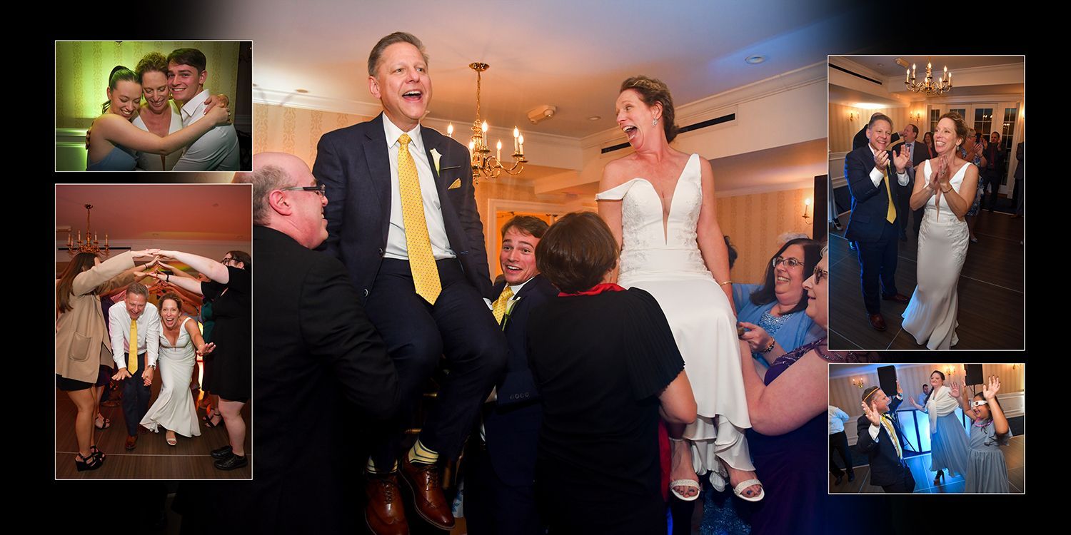 A bride and groom are being lifted in the air at a wedding reception at Madison Beach Hotel wedding photography by Connecticut Photographers Rogers Photography