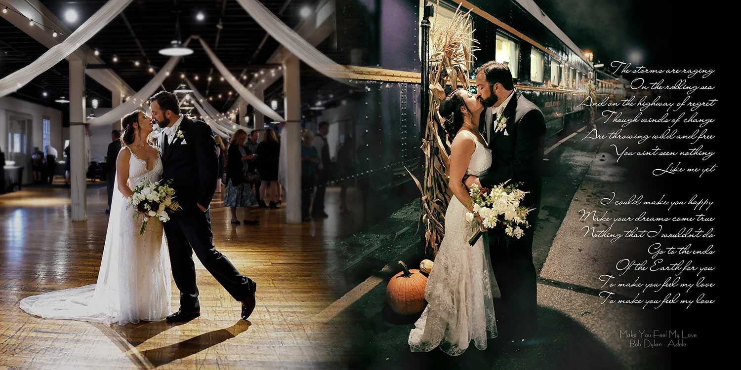 A bride and groom under a lamp at Essex Steam Train wedding photography by Connecticut Wedding Photographers Rogers Photography.