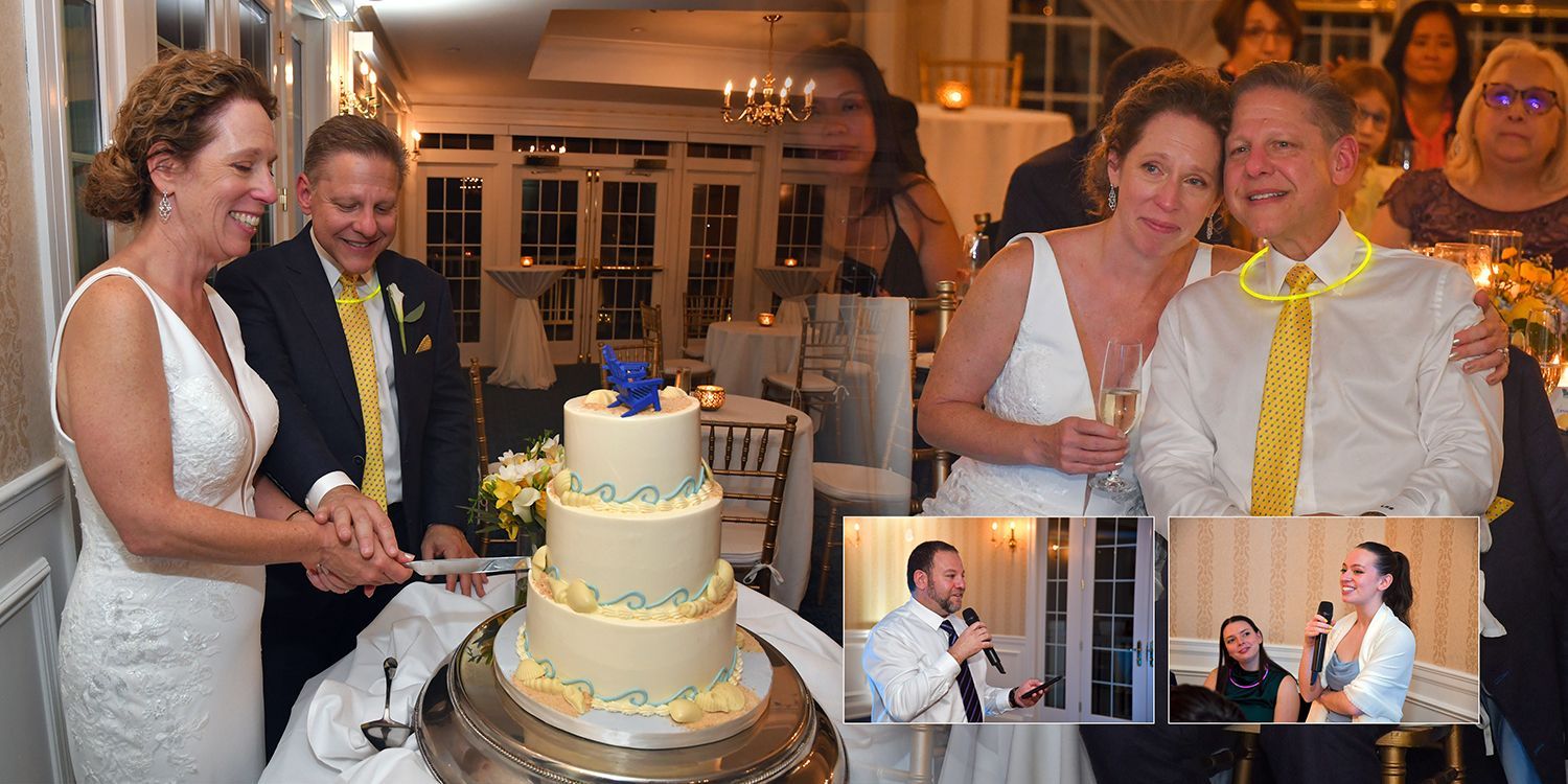 A bride and groom are cutting their wedding cake at Madison Beach Hotel wedding photography by Connecticut Photographers Rogers Photography