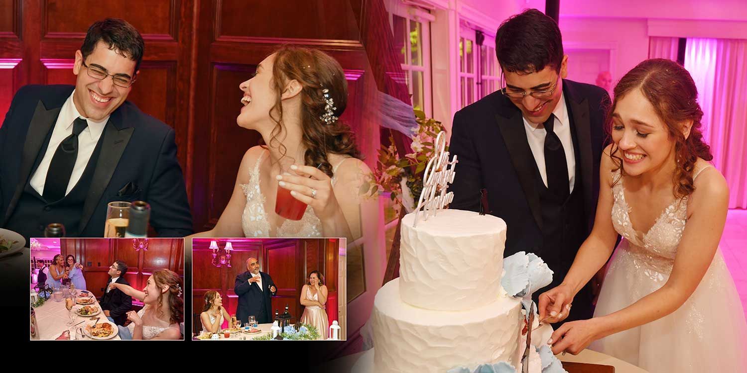 A bride and groom are cutting their wedding cake at Woodwinds wedding photography by Connecticut Wedding Photographers Rogers Photography.