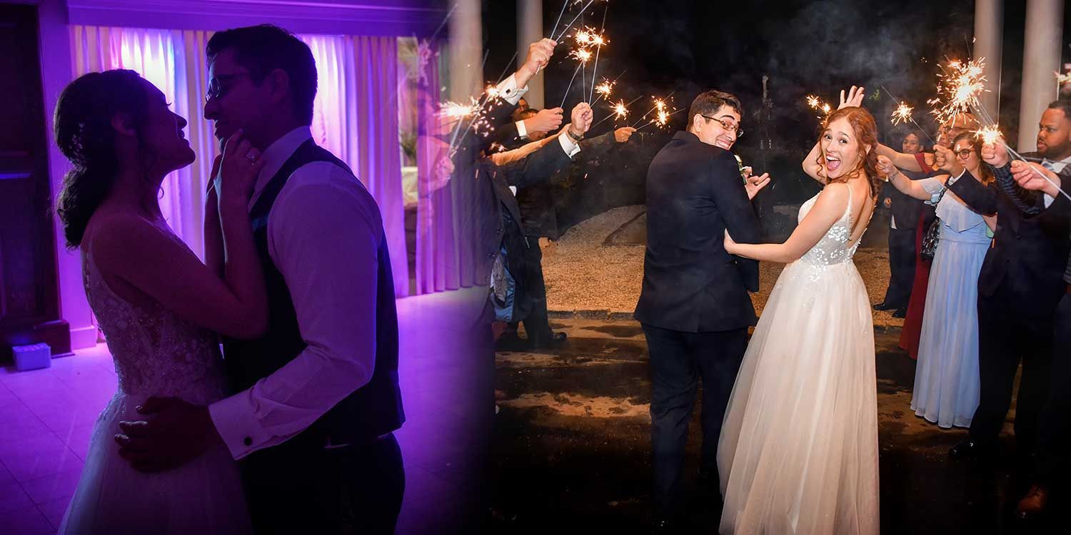 A bride and groom are dancing at their wedding reception while holding sparklers at Woodwinds wedding photography by Connecticut Wedding Photographers Rogers Photography.