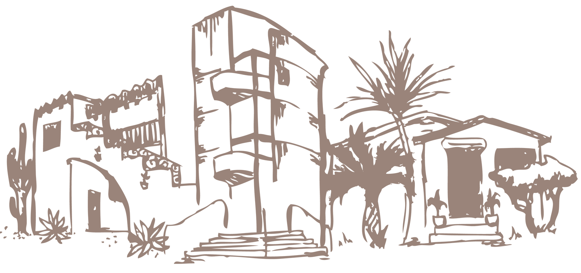 A drawing of a city skyline with buildings and palm trees.