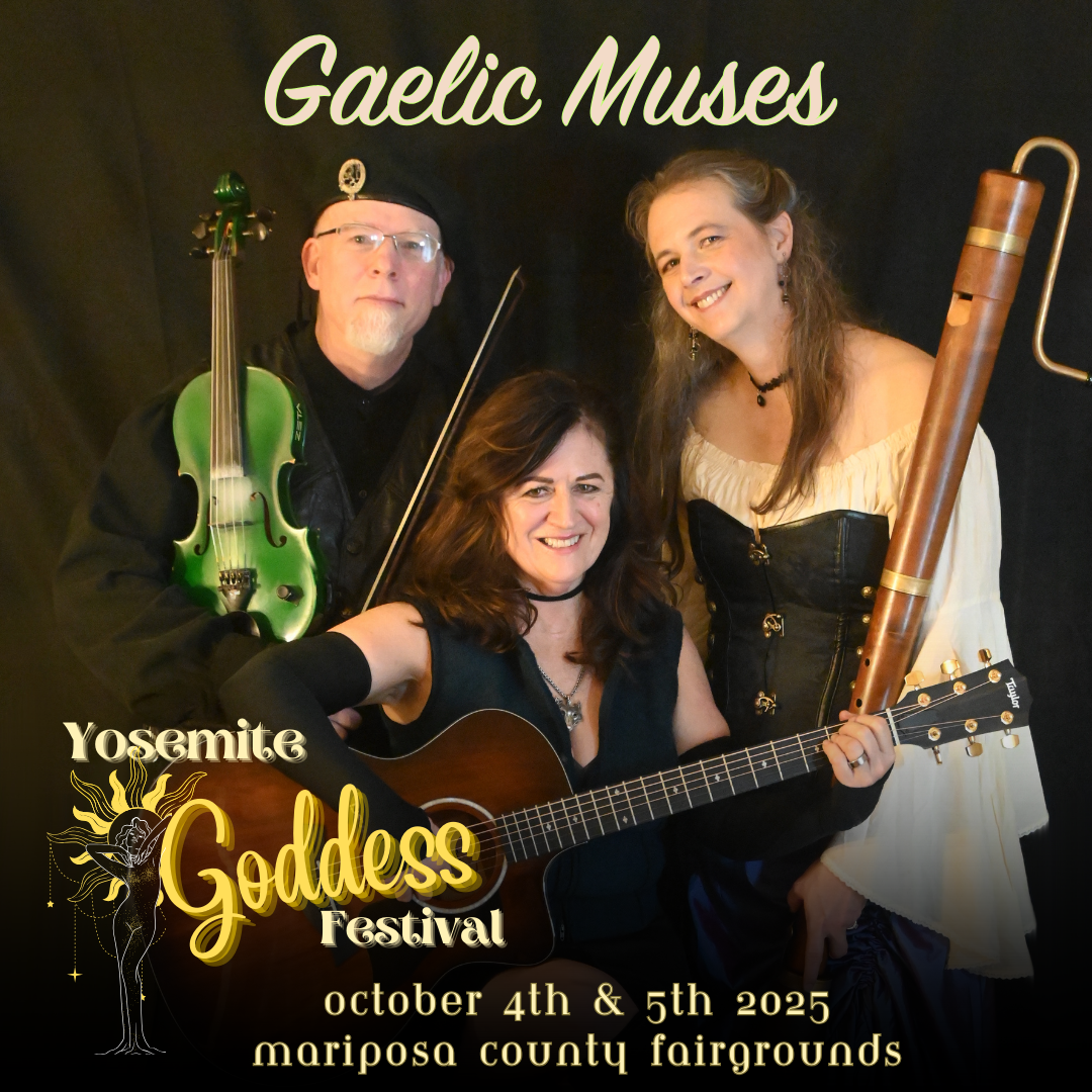 Gaelic Muses band poster: Musicians with violin, guitar, flute at Yosemite Goddess Festival, Mariposa County Fairgrounds.