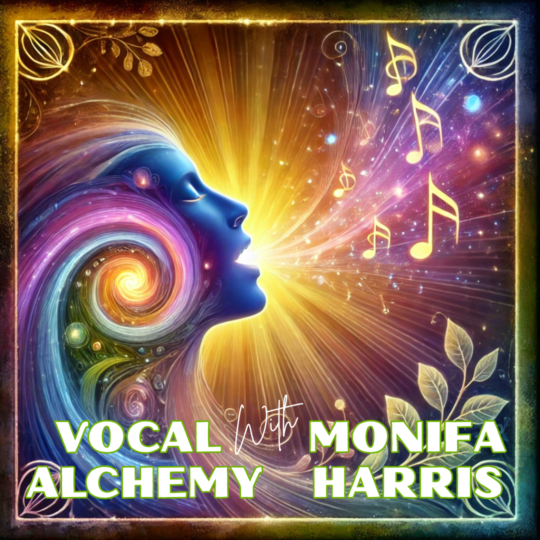 Woman singing with light radiating from her, musical notes, text 