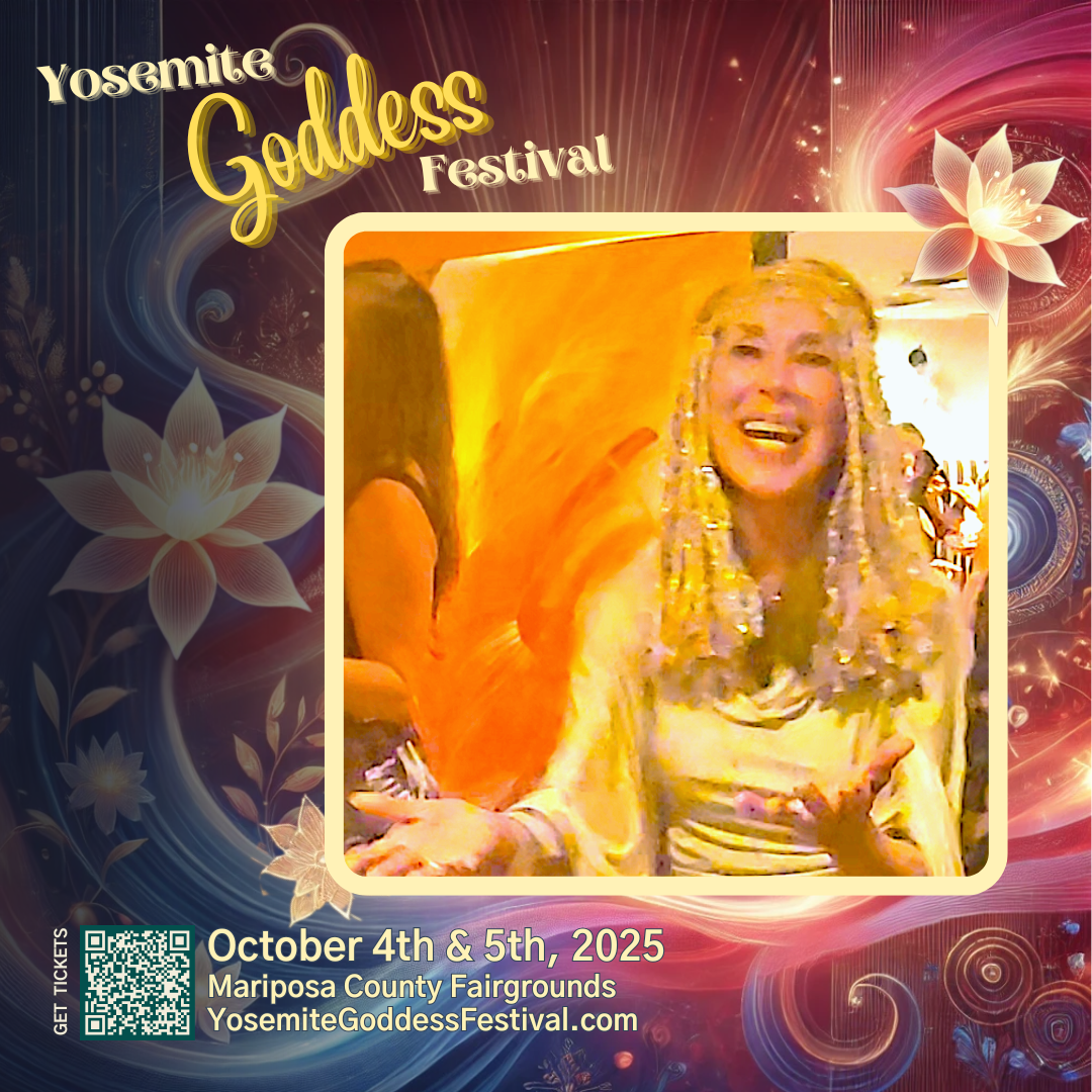 Yosemite Goddess Festival ad: Woman with blonde hair laughs, hands up, in orange-lit setting. October 4th & 5th, 2025.
