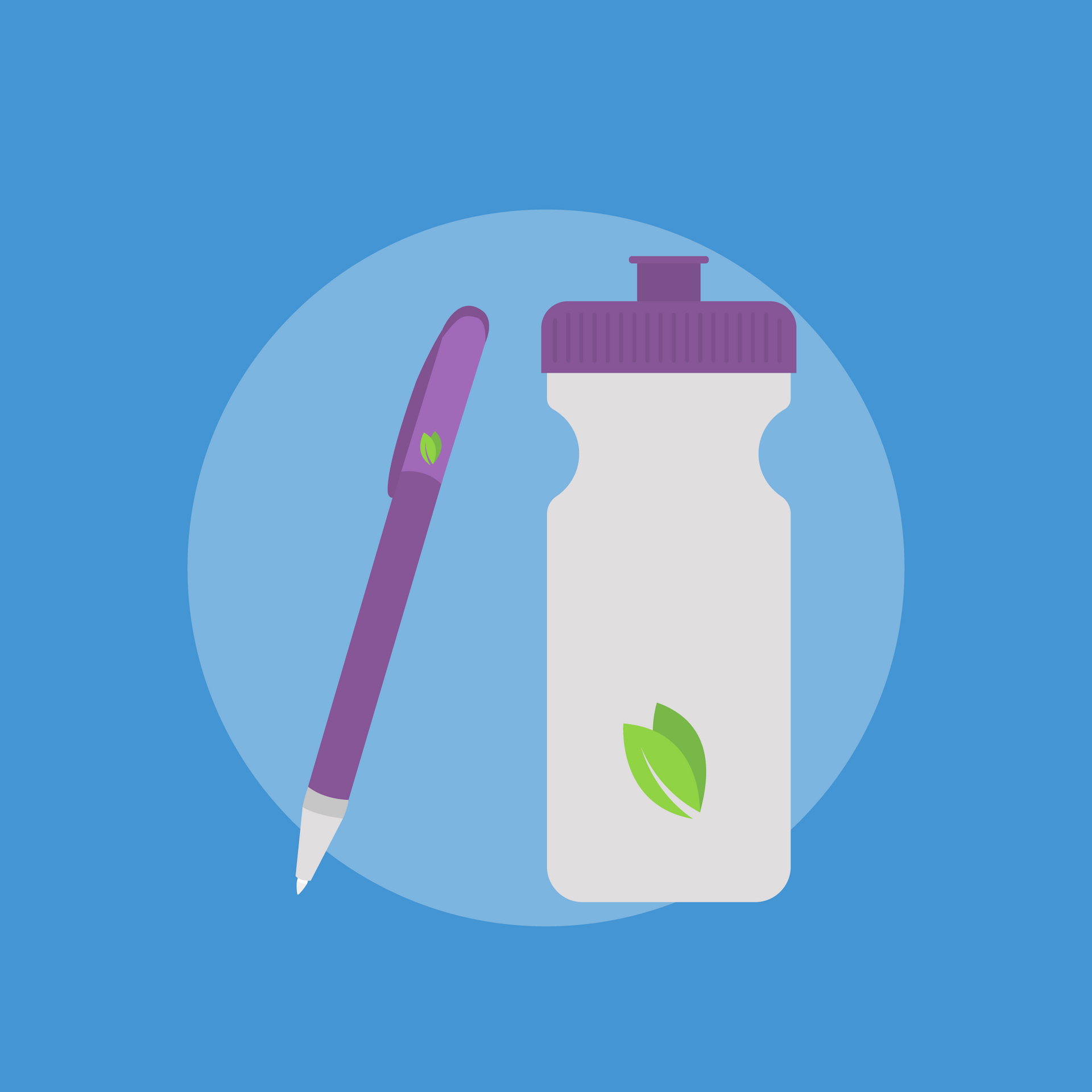 An illustration of a pen and a water bottle on a blue background.