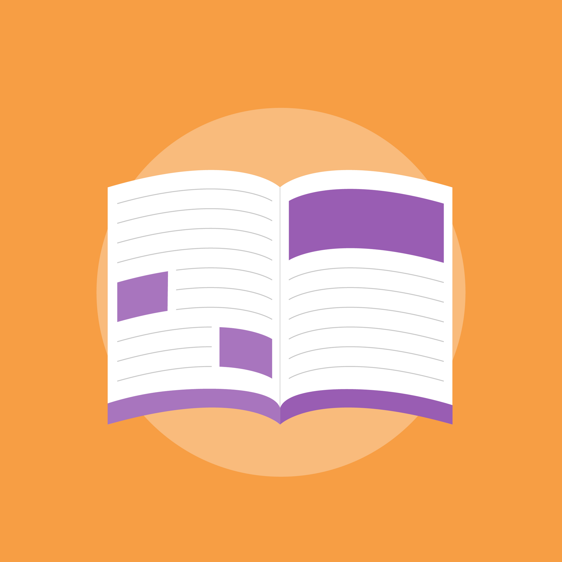 An open book with purple pages on an orange background.
