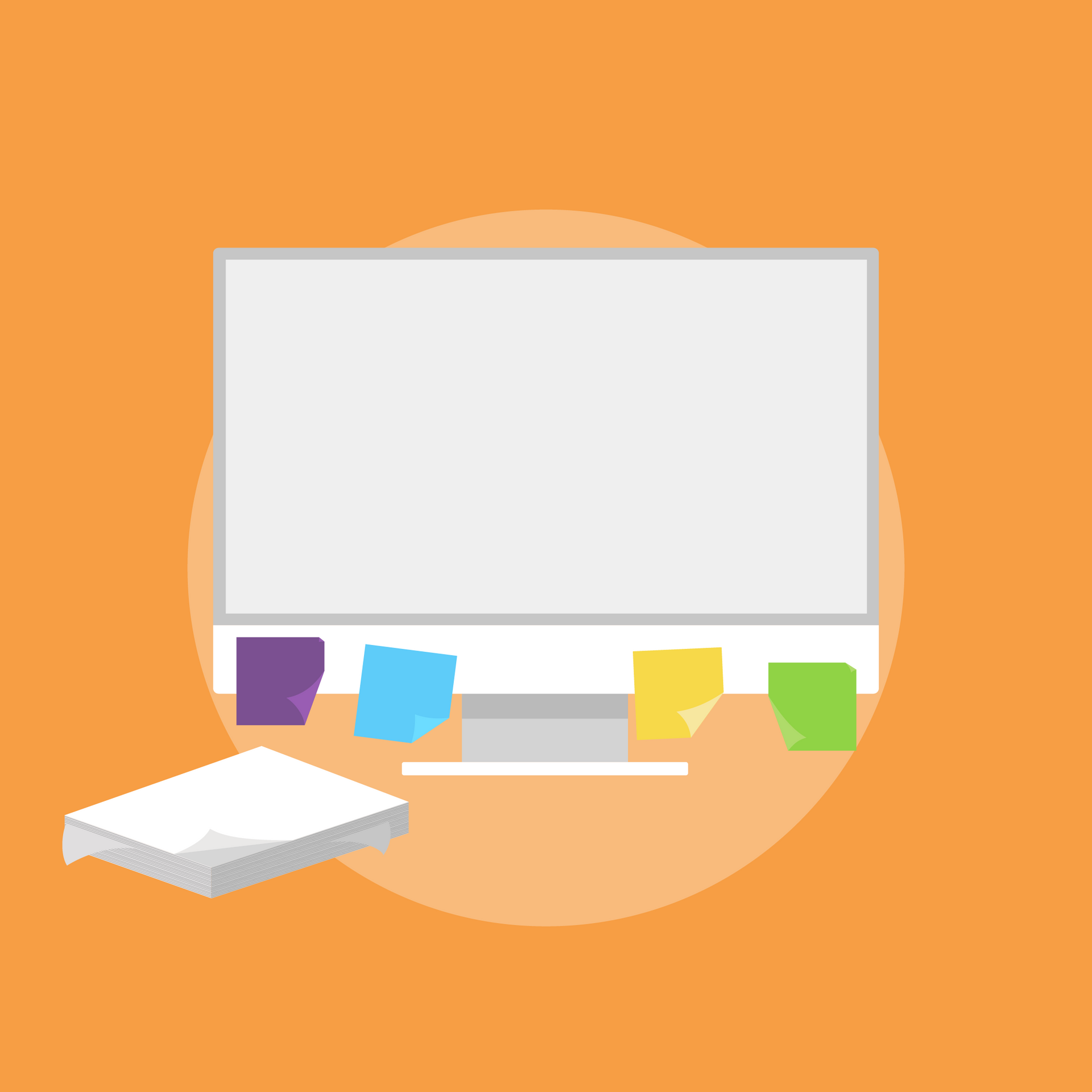 A computer monitor with sticky notes on it.