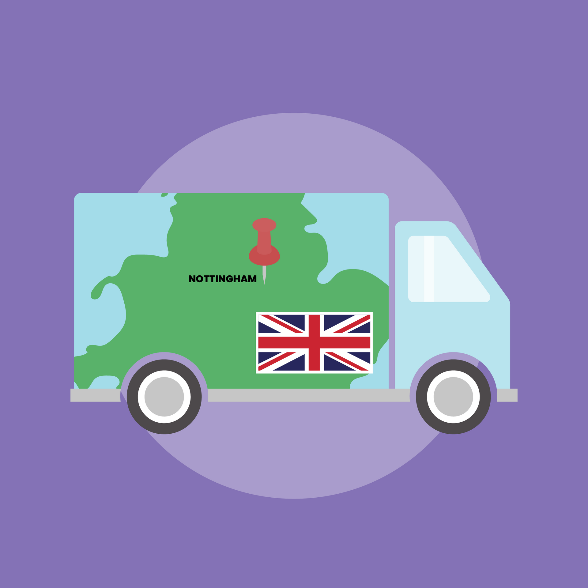 A delivery truck with a map of the united kingdom on the back.