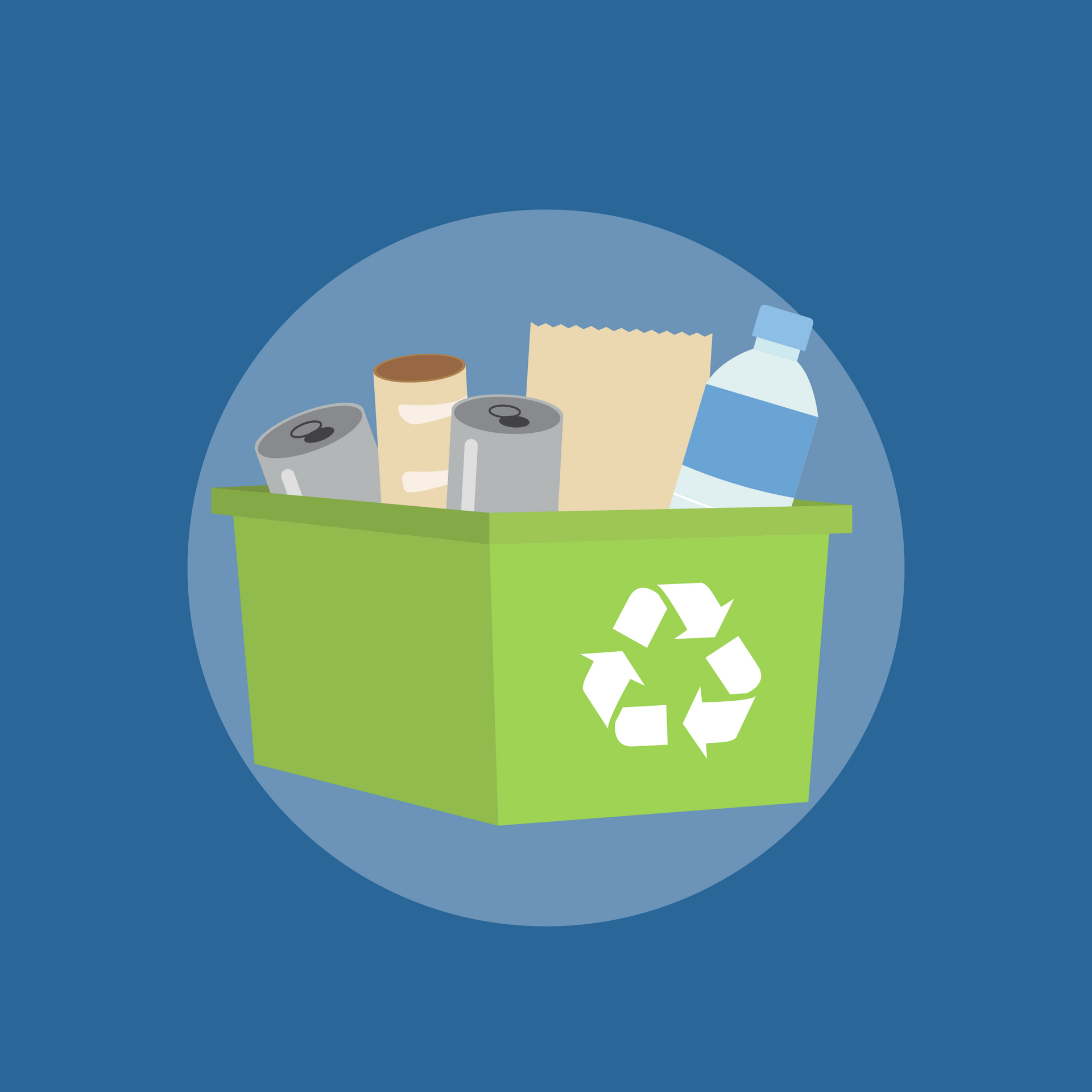 A green recycling bin filled with cans , bottles , paper and other items.