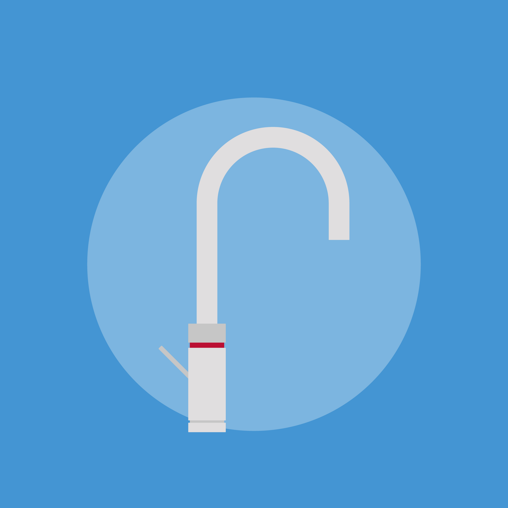 A white faucet with a red handle is in a blue circle.