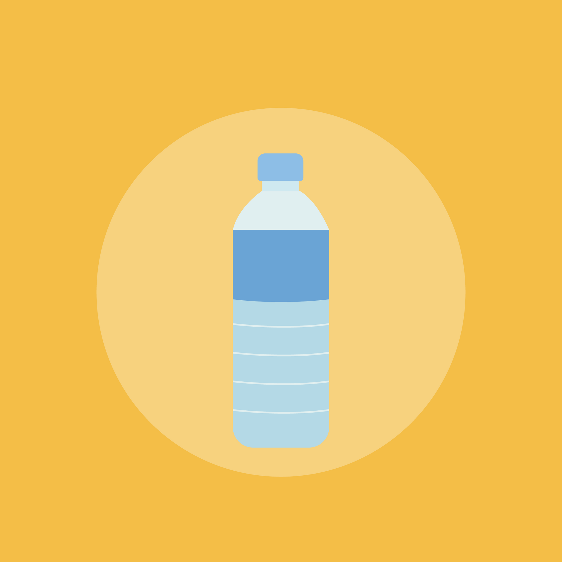 A bottle of water is sitting in a circle on a yellow background.