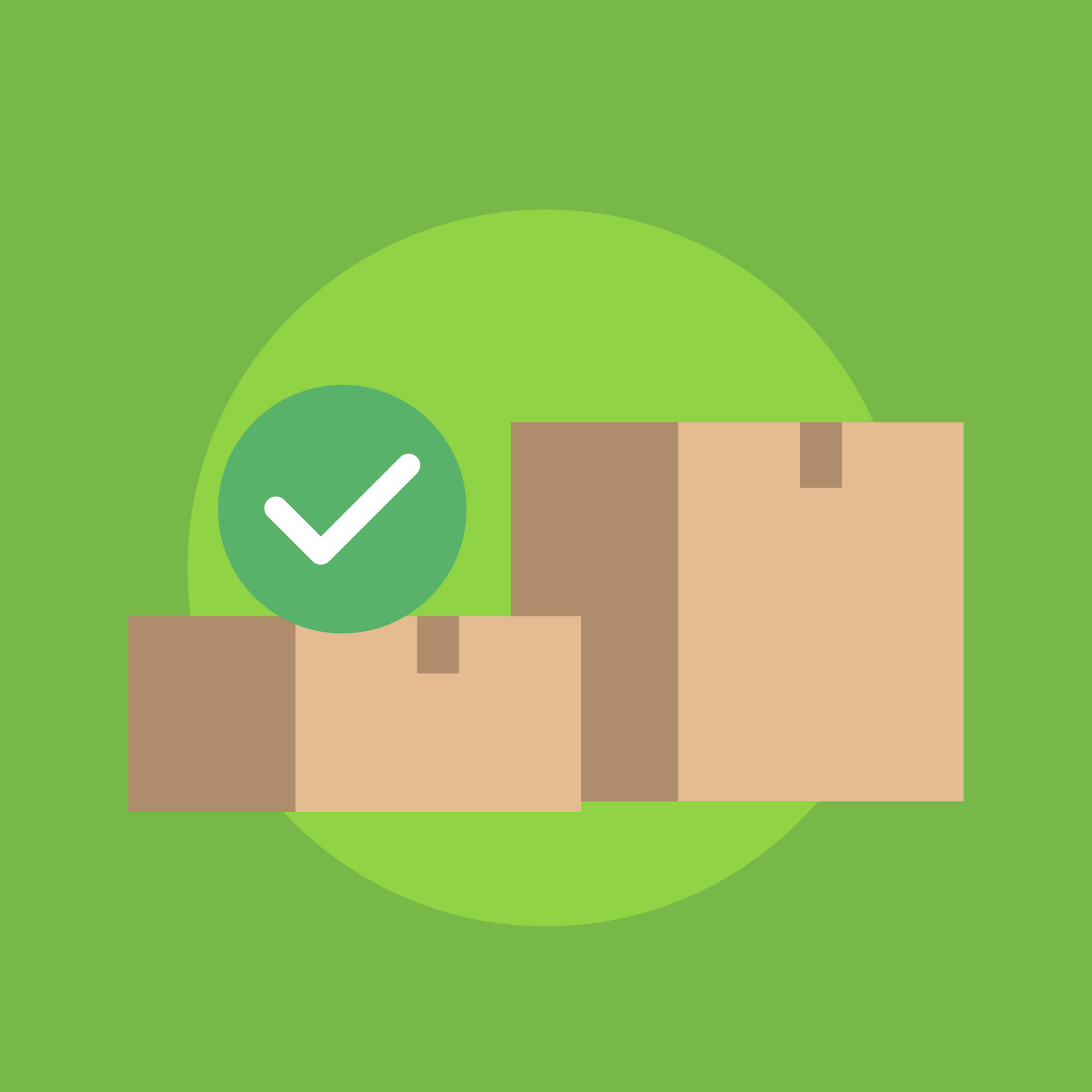 A stack of cardboard boxes with a check mark on a green background.