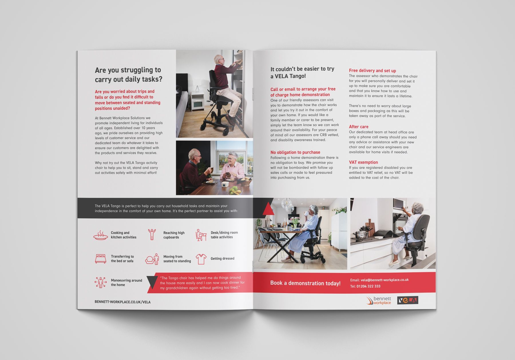 A brochure for Barratt Steel is open to a page with a picture of a man sitting in a chair.