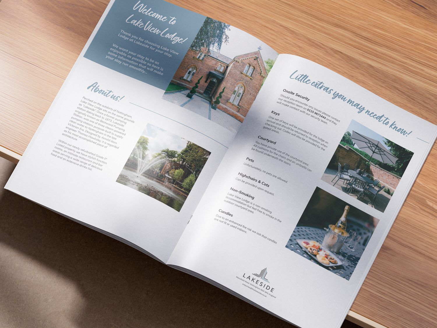 An internal design view of the Welcome Pack Brochure for Lakeside Lodges