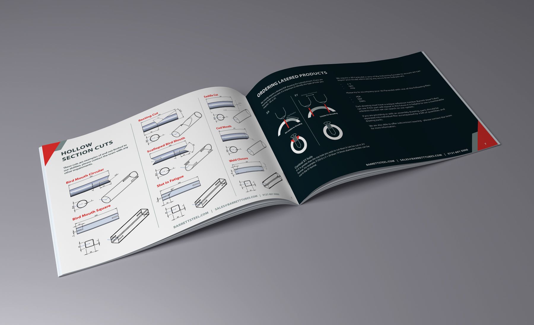A brochure for Barratt Steel is open to a page with a picture of diagrams on it.