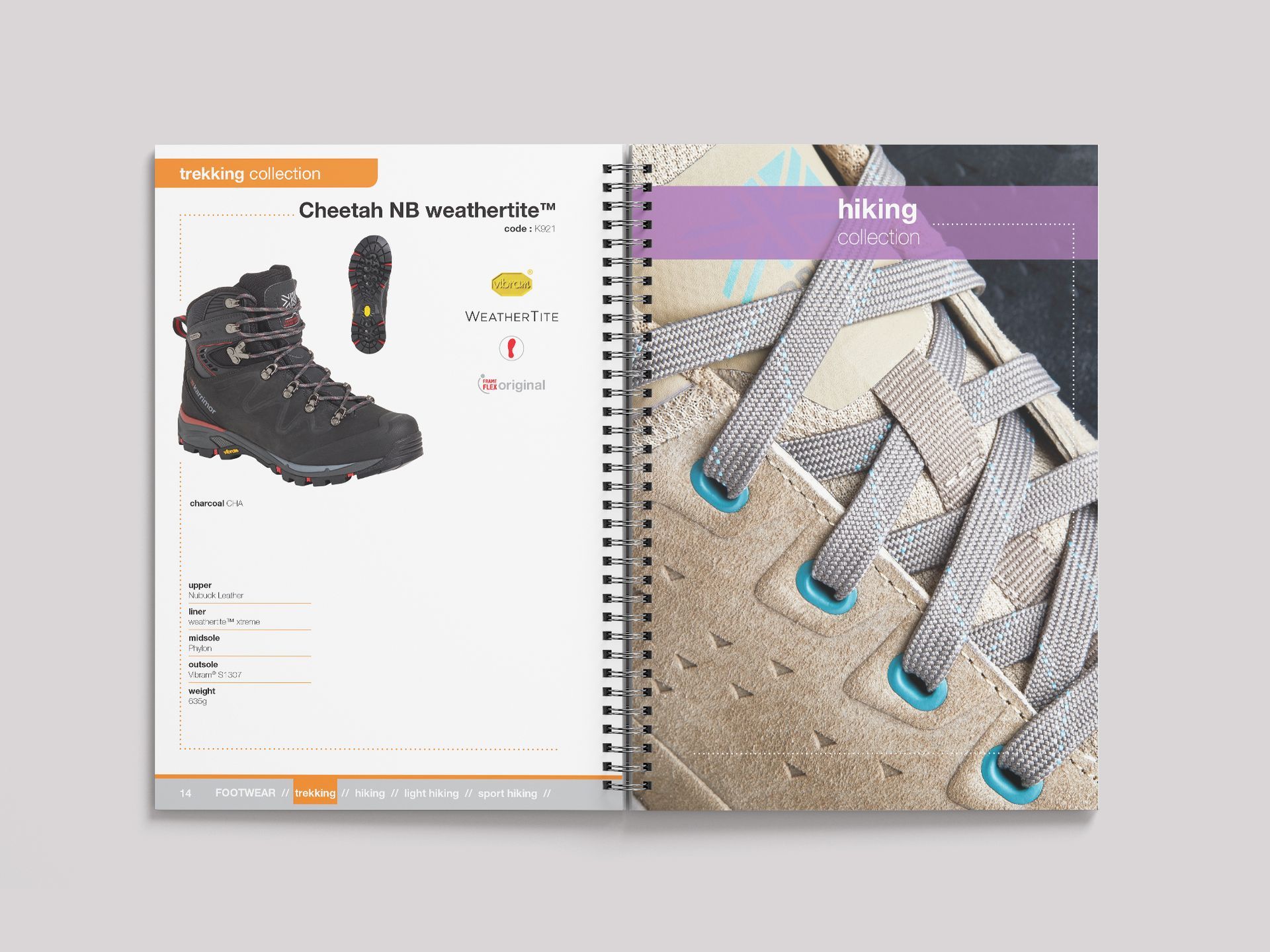 Product catalog spread showing a hiking boot on the left and a close-up of boot laces on the right.