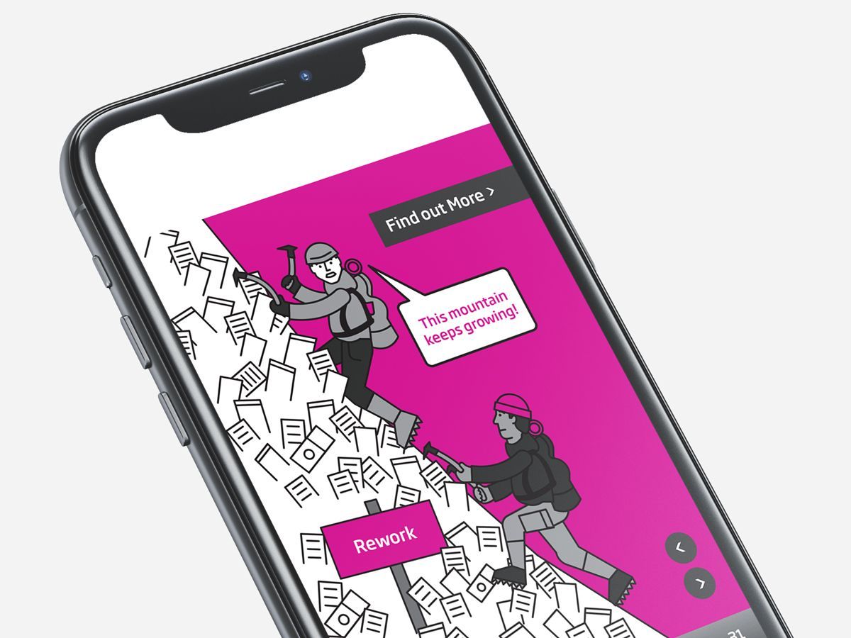 A smartphone displays a pink and white illustration of two people climbing a mountain of paper with speech bubbles.