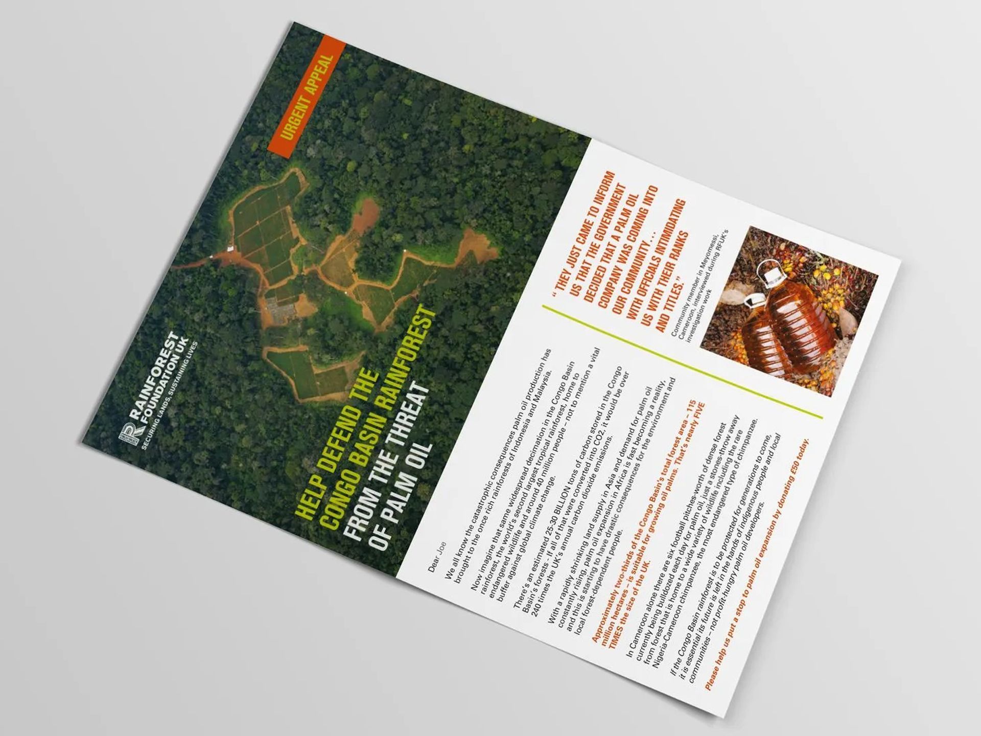 Brochure open on a white surface, shows a map of land, and text about the land.