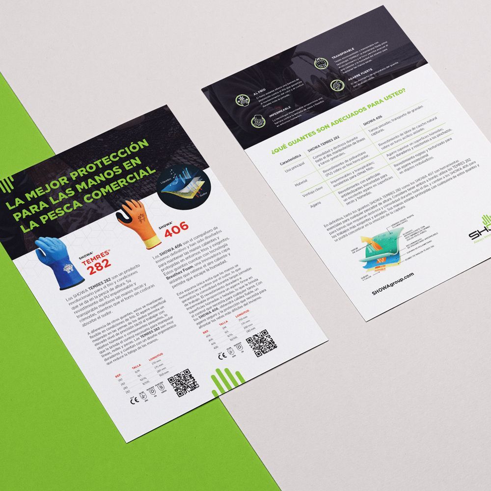 Two product flyers for fishing gloves on a green and white background.