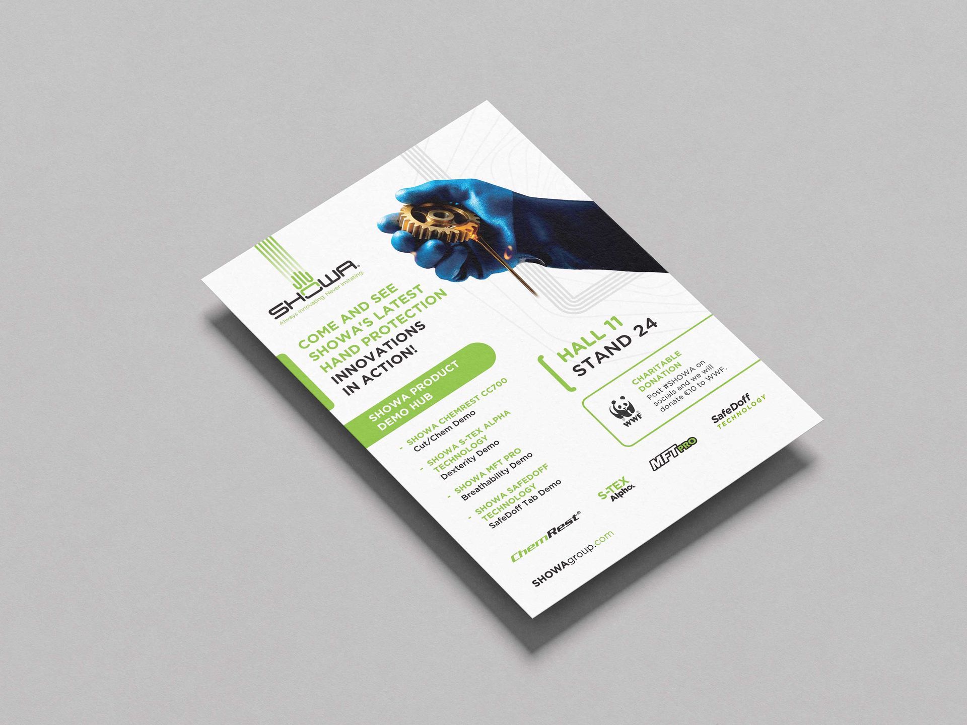 Flyer promoting hand protection innovations; shows a gloved hand holding a small object.