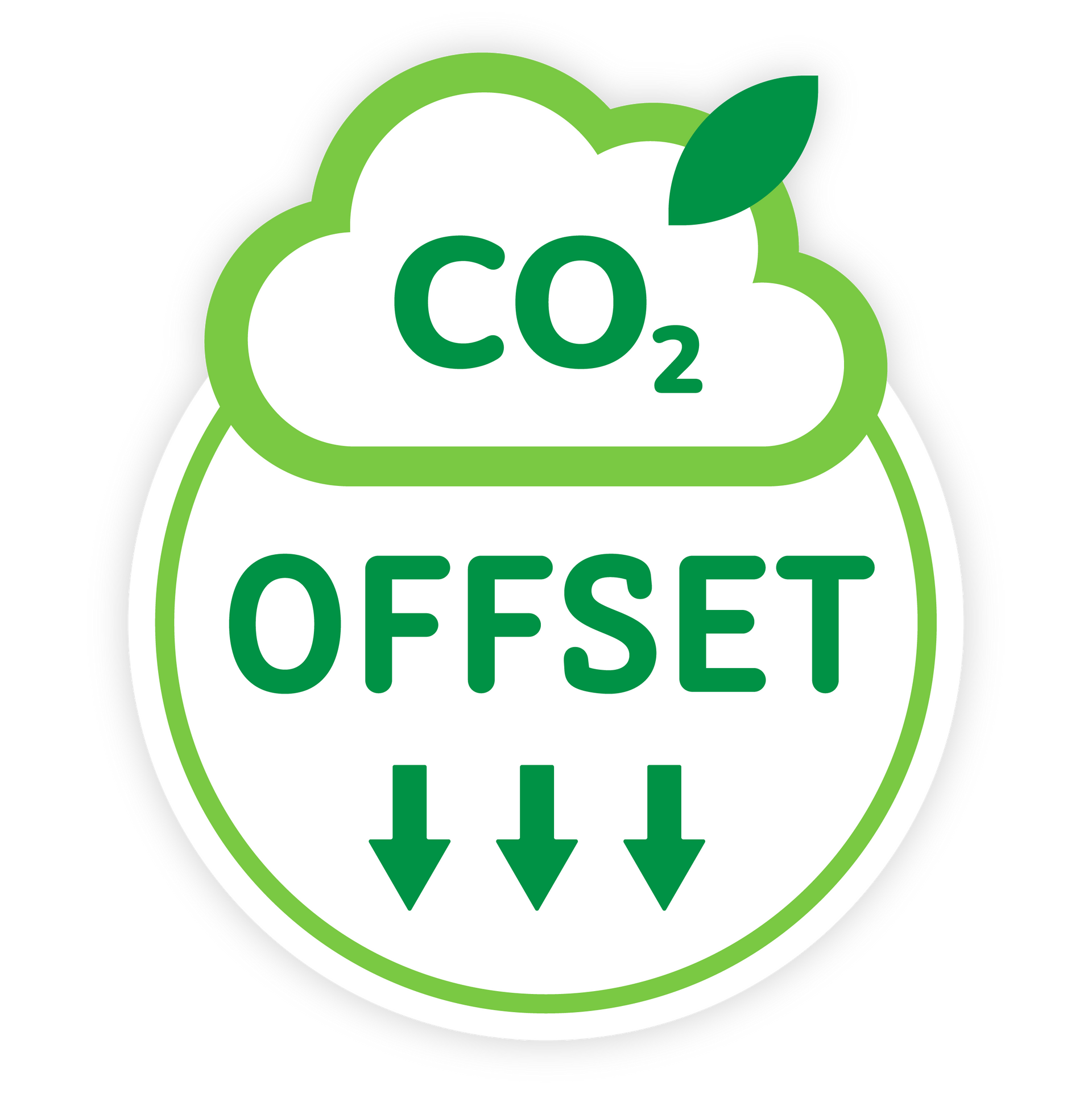 Green CO2 Offset label with cloud and arrows pointing down.