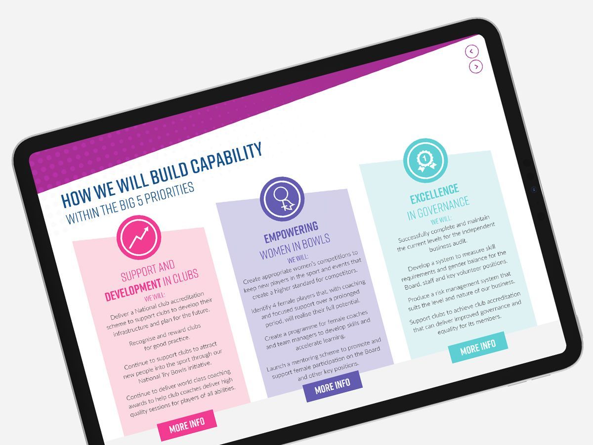 Online brochure with text and icons: Developing Actions, Empowering Individuals, and Leveraging Resources.