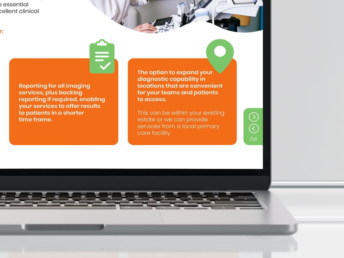 Laptop displaying orange blocks of text, potentially marketing medical services.