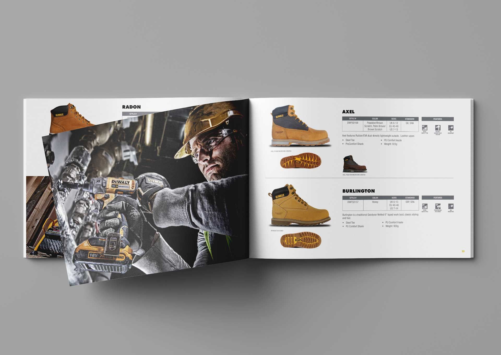Spread of a catalog featuring a worker in safety gear and work boots.
