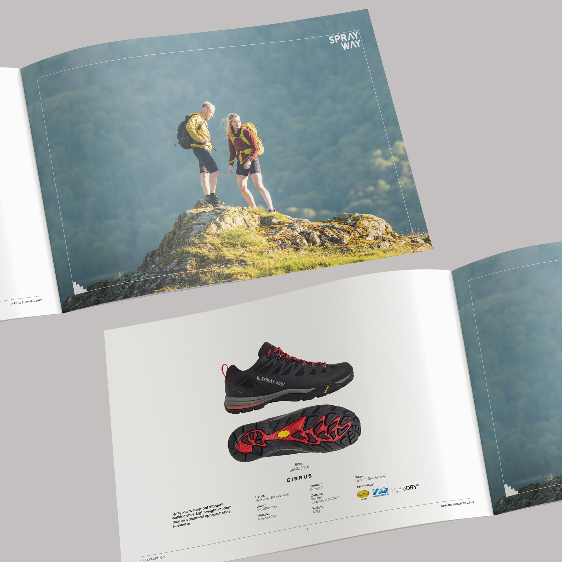 Two pages of a brochure. One shows hikers on a mountaintop, the other features a close-up of a red and black hiking shoe.
