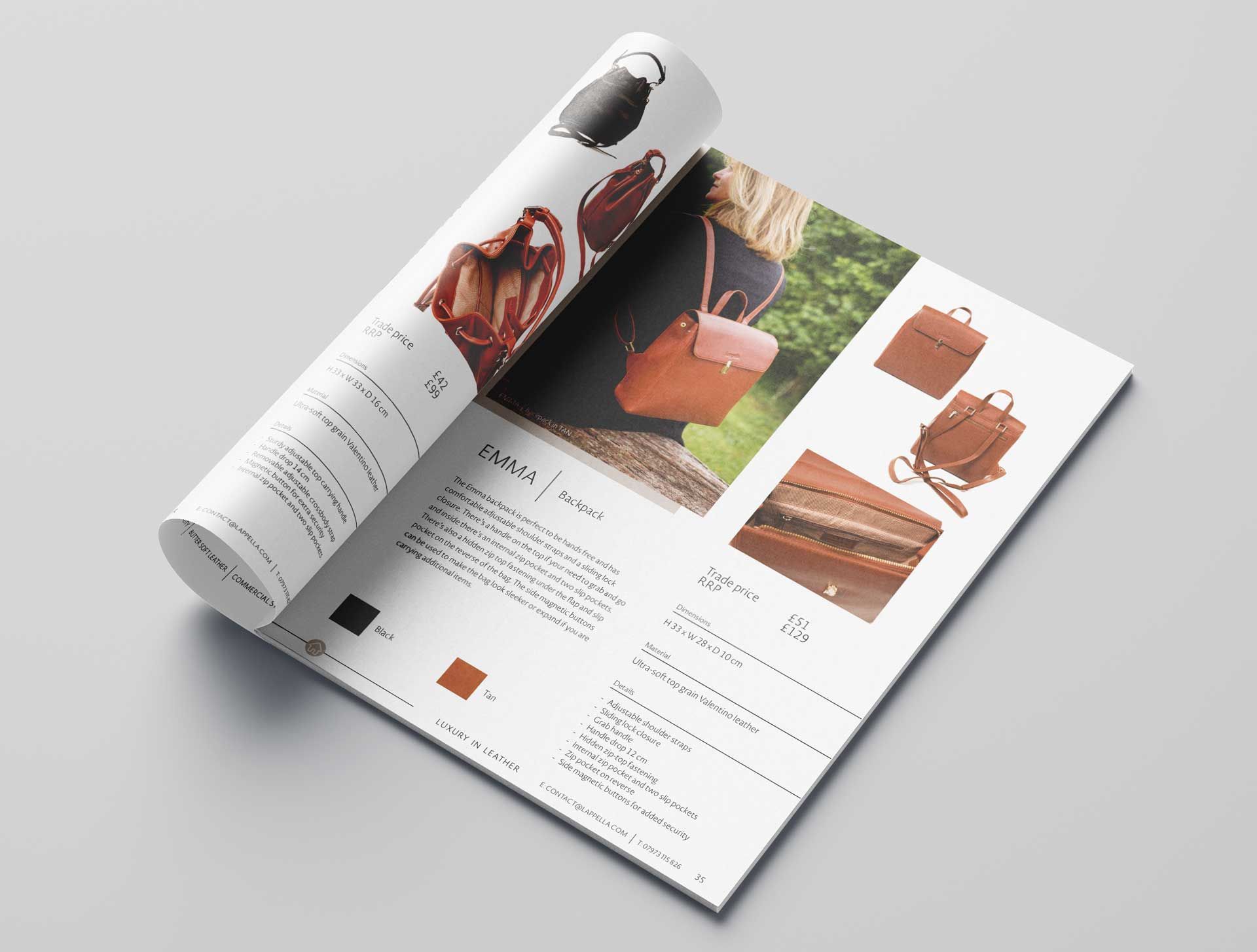 Product brochure design, product photos, product description, and colour swatches.