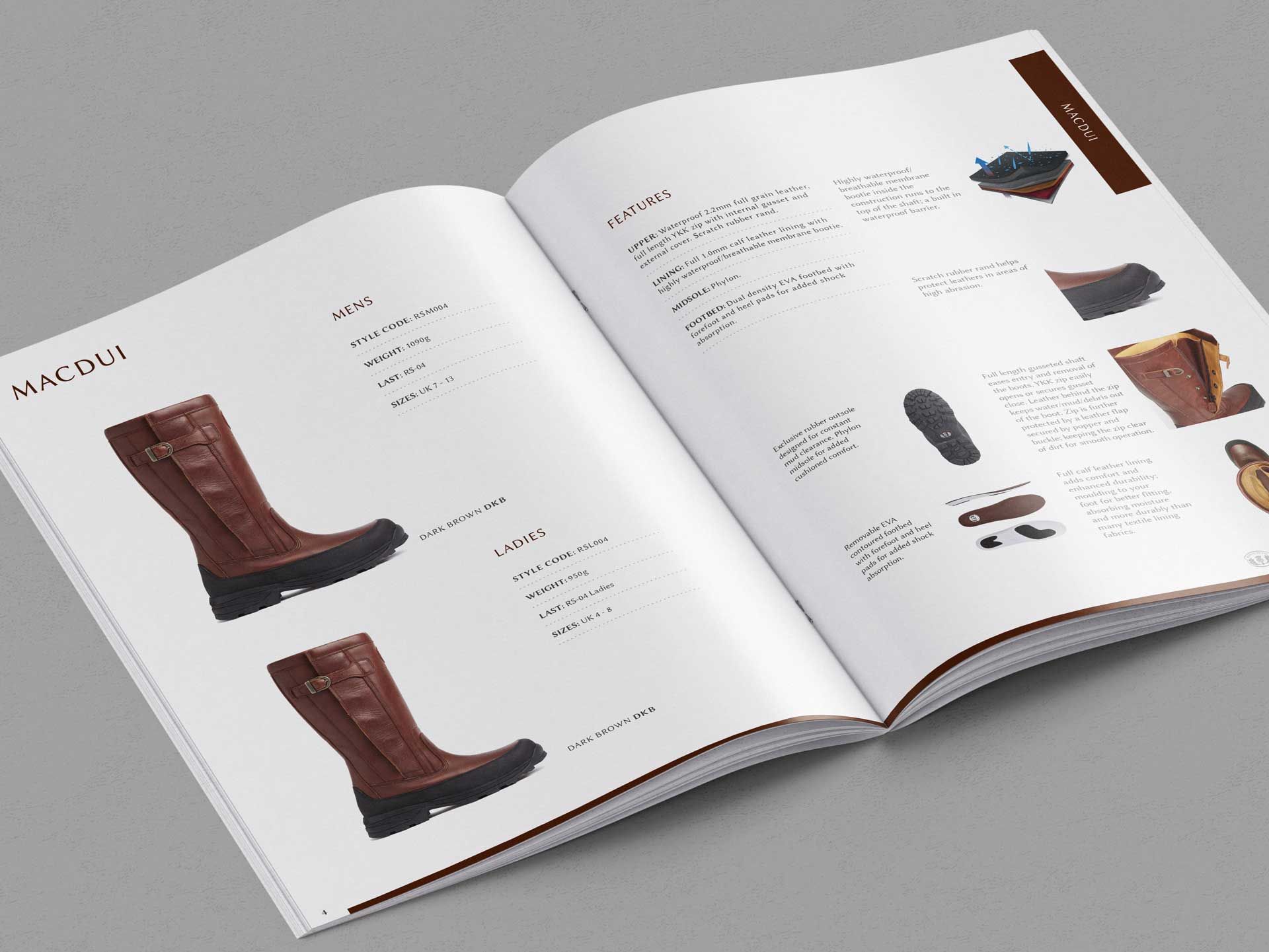 Open catalog pages showcasing brown leather boots and related product details.