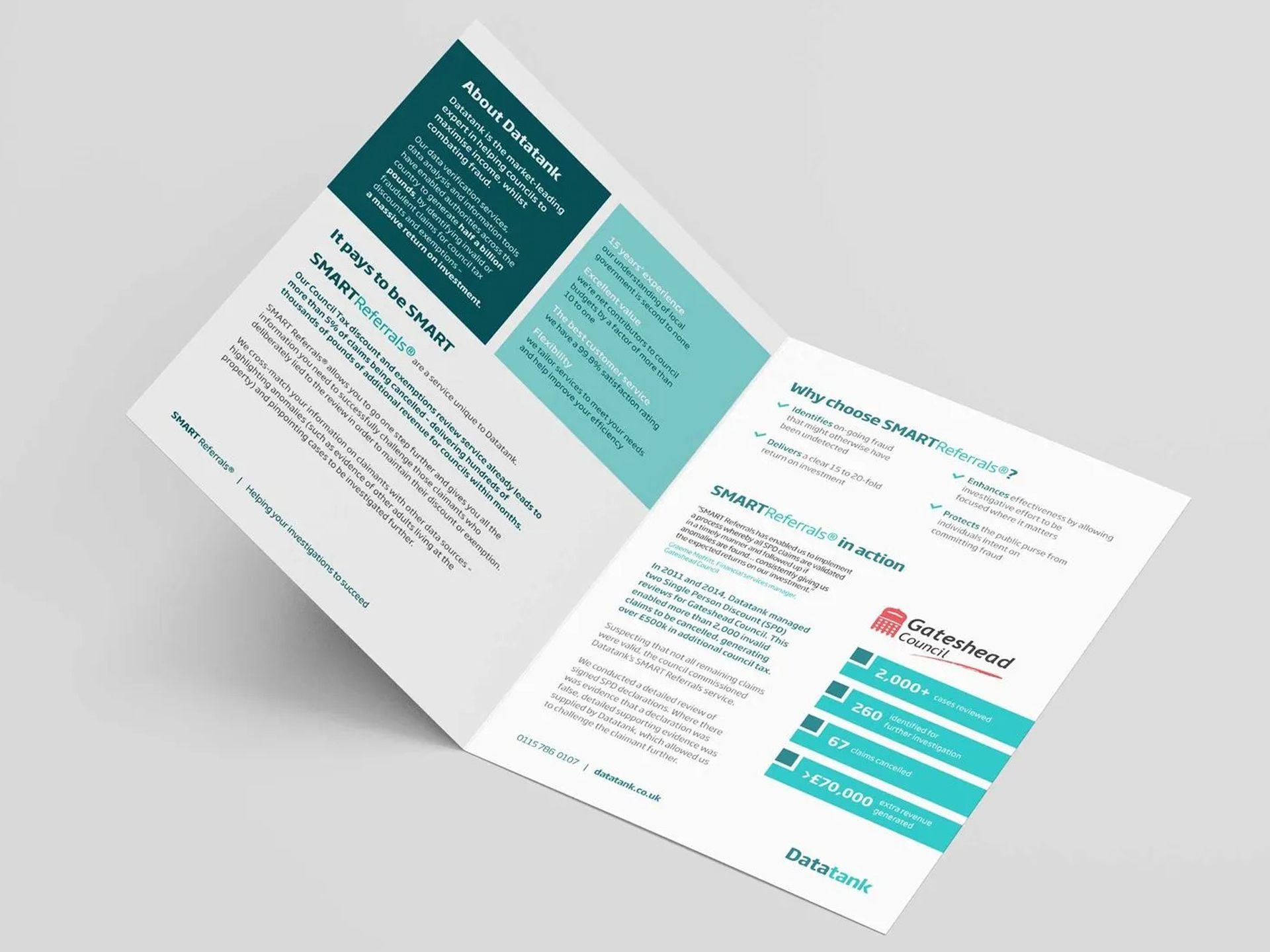 Open brochure with teal and white text, angled against a gray backdrop.