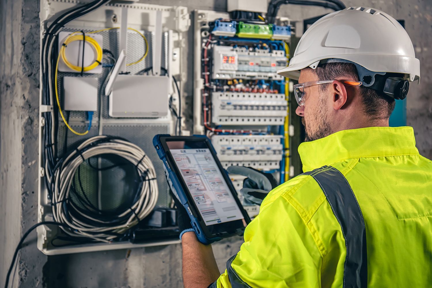 Technician in hard hat and safety vest inspecting electrical panel with a tablet