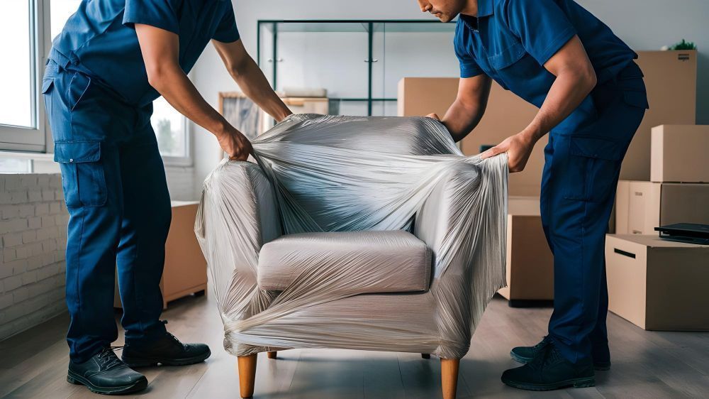 Two movers wrapping a cardboard box with clear plastic wrap indoors.