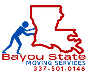 Logo: Blue stick figure pushing red outlined Louisiana, "Bayou State Moving Services" text, phone number.