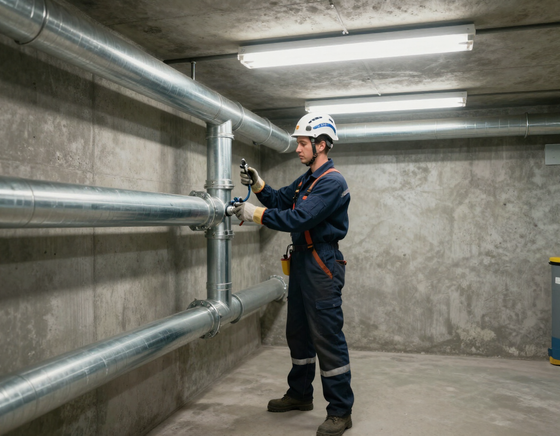 Licensed plumber working on commercial pipe installation